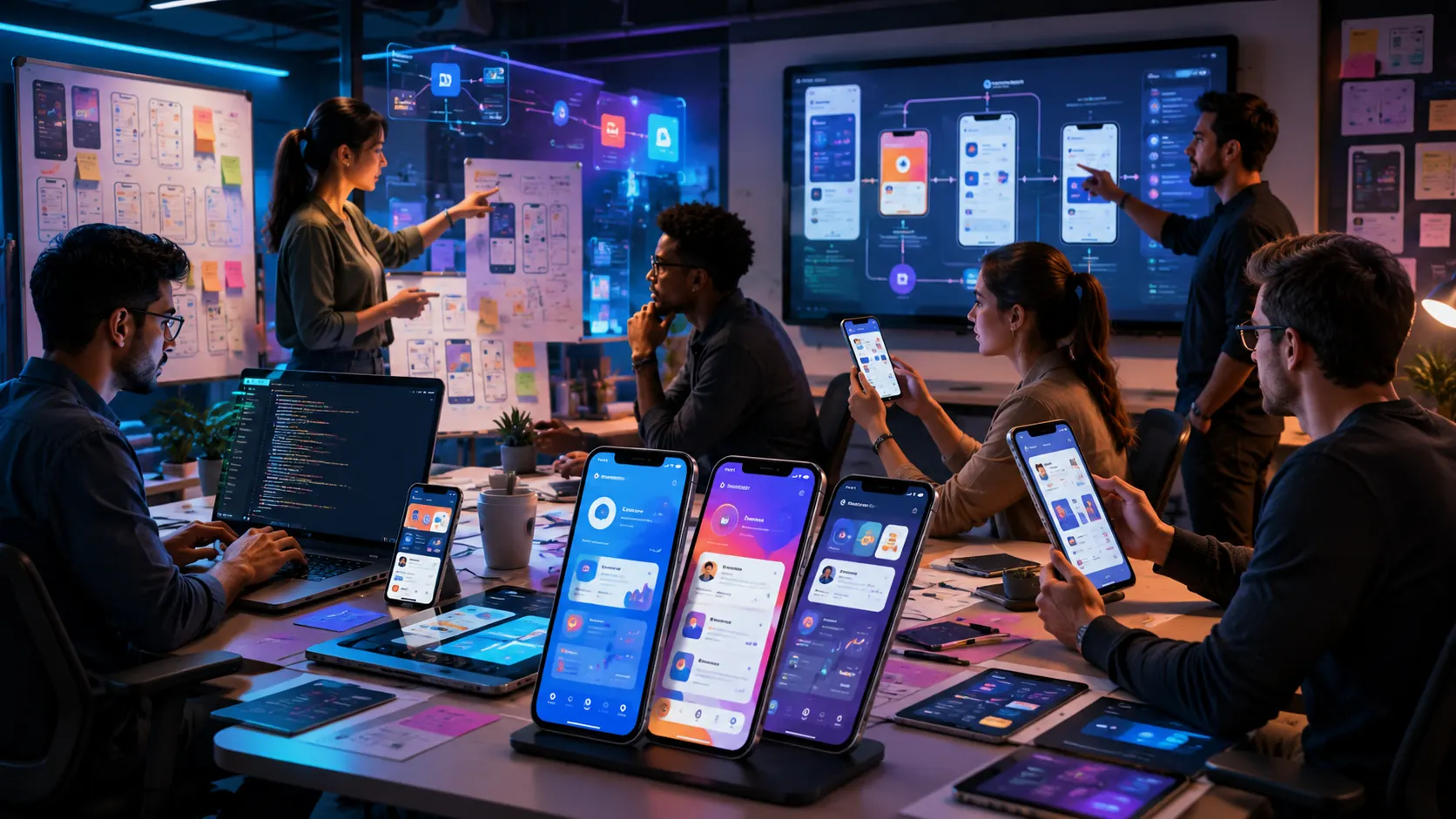 Mobile app team designing screens and user flows